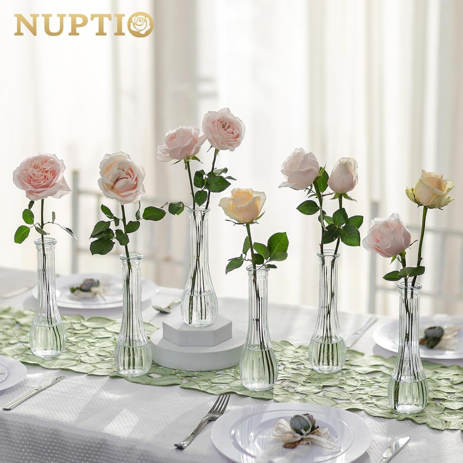 Clear Glass Bud Vase Set of 12 Tall Ribbed Flower Vases Wedding Table Decor