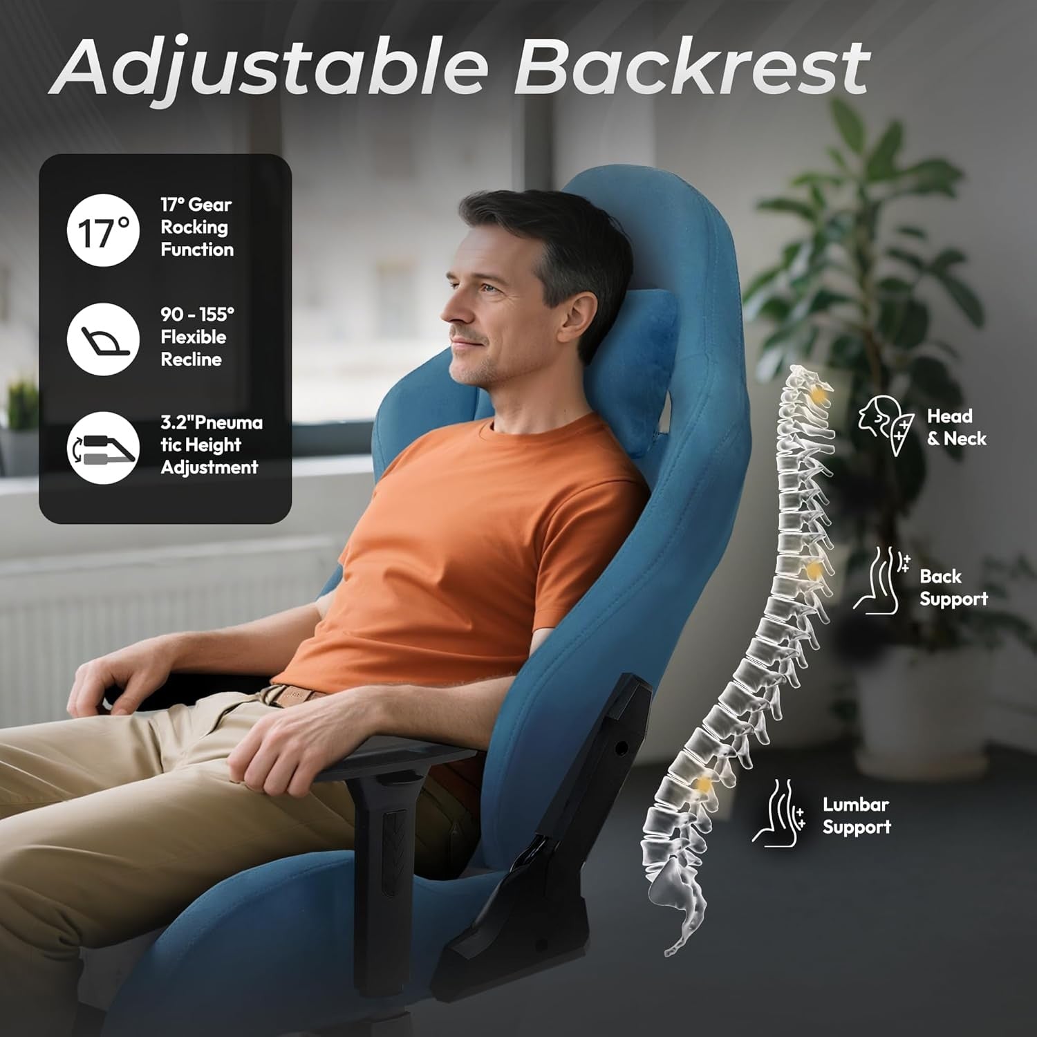 Big & Tall Gaming Chair 160° Recline Footrest Massage Blue