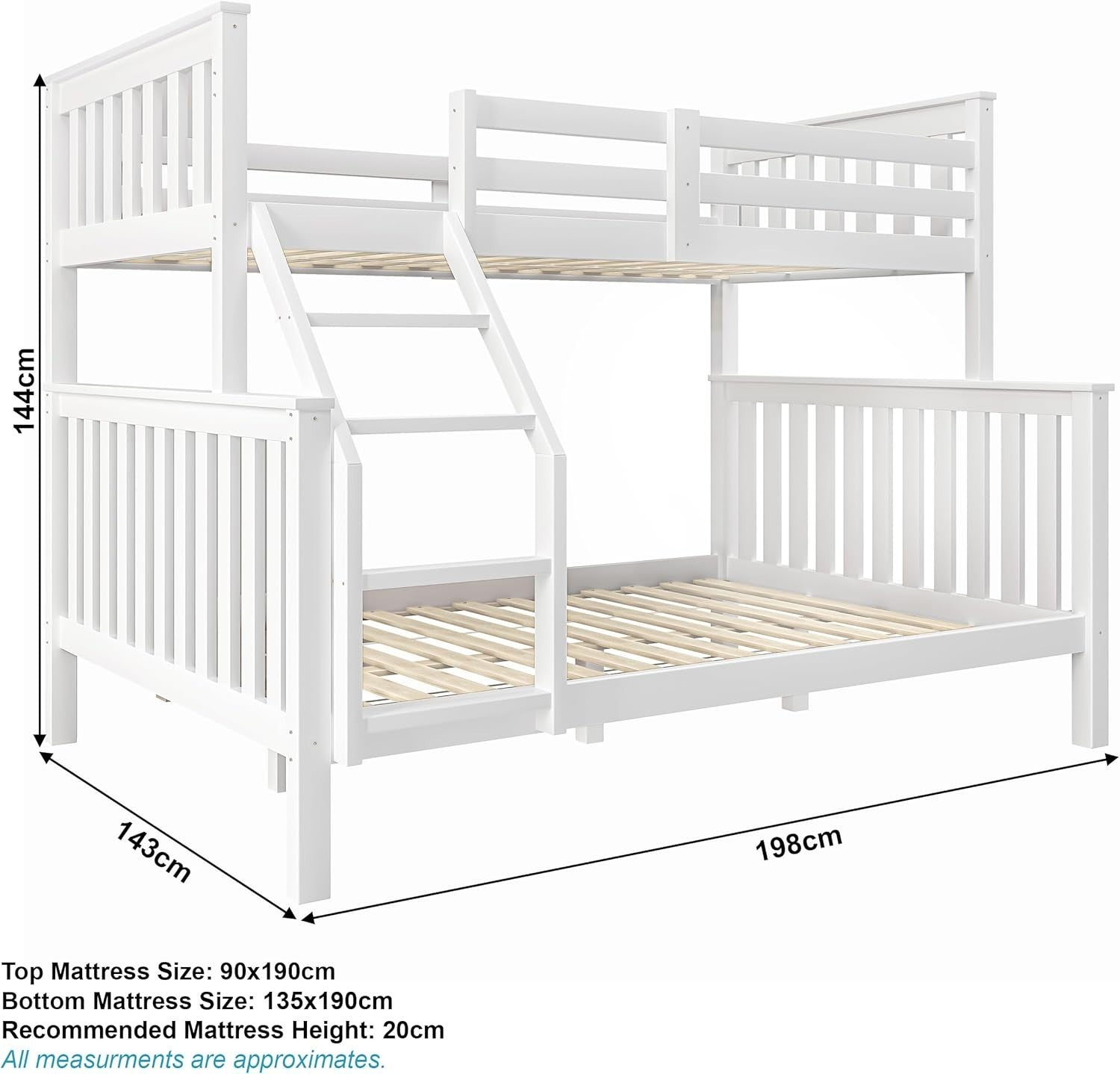 Wooden Triple Bunk Bed Frame – 4ft6 & 3ft Kids Sleeper with 2x Mattress