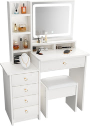 Makeup Vanity Desk Set LED Mirror 3-Color Light 4 Drawers Stool Dressing Table