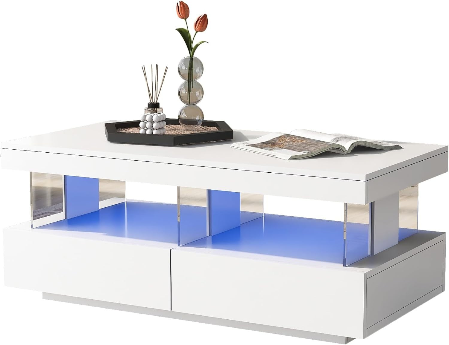 White LED Coffee Table with 2 Drawers & Open Storage, High Gloss 100x60cm