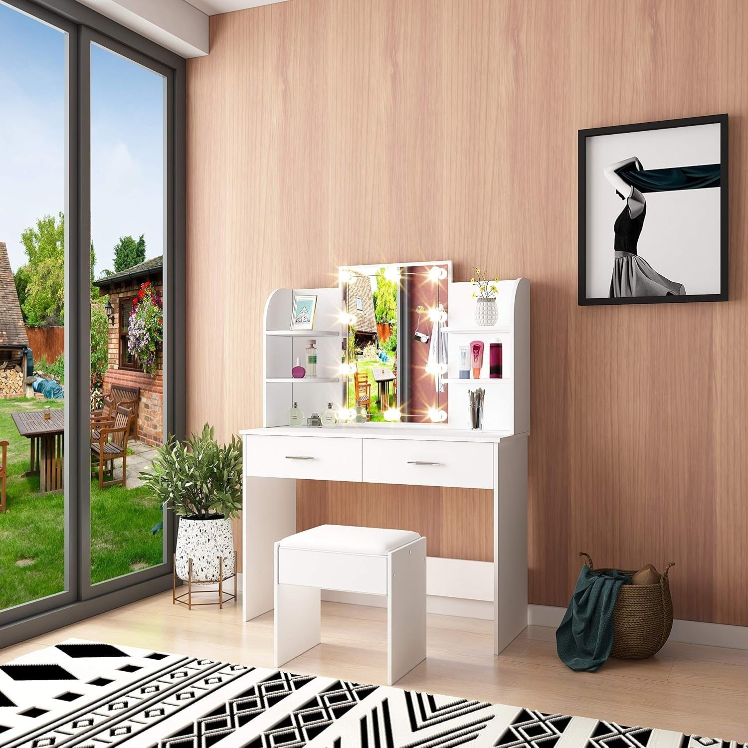 Vanity Dressing Table with Lights Mirror Stool Drawers Storage Makeup Desk