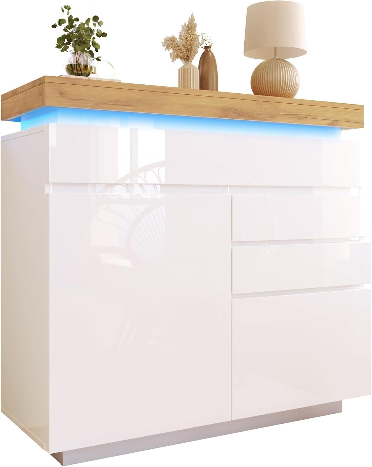 Modern LED Sideboard Cabinet Gloss 3 Drawer 2 Door Storage Unit White
