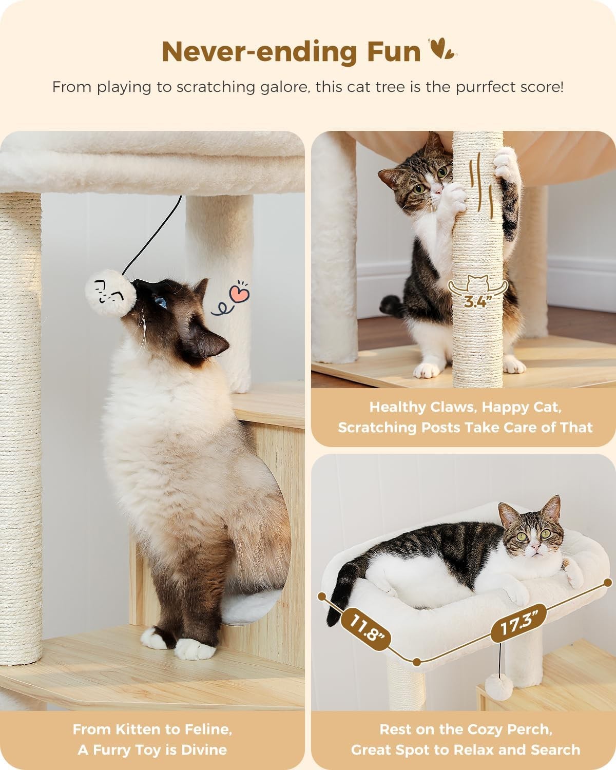 143cm Wooden Cat Tree Multi Level Scratching Post Condo Hammock Beige