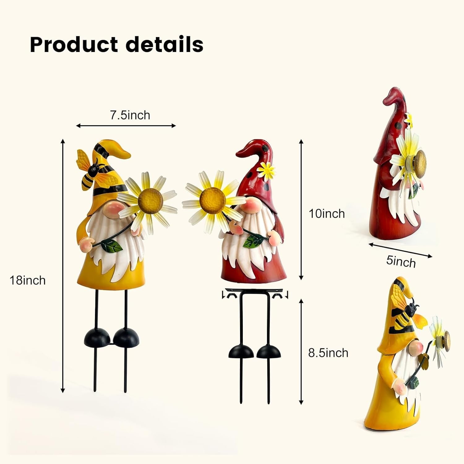 Metal Gnome Garden Ornaments Set of 2 Outdoor Sunflower Yard Decor 18"