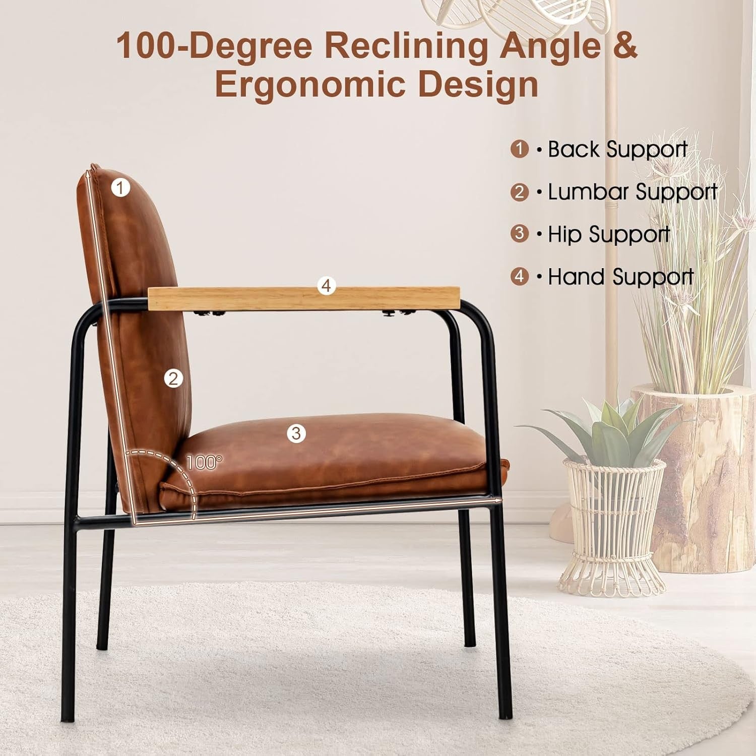 Camel PU Leather Accent Chair Lounge Armchair Wood Arms