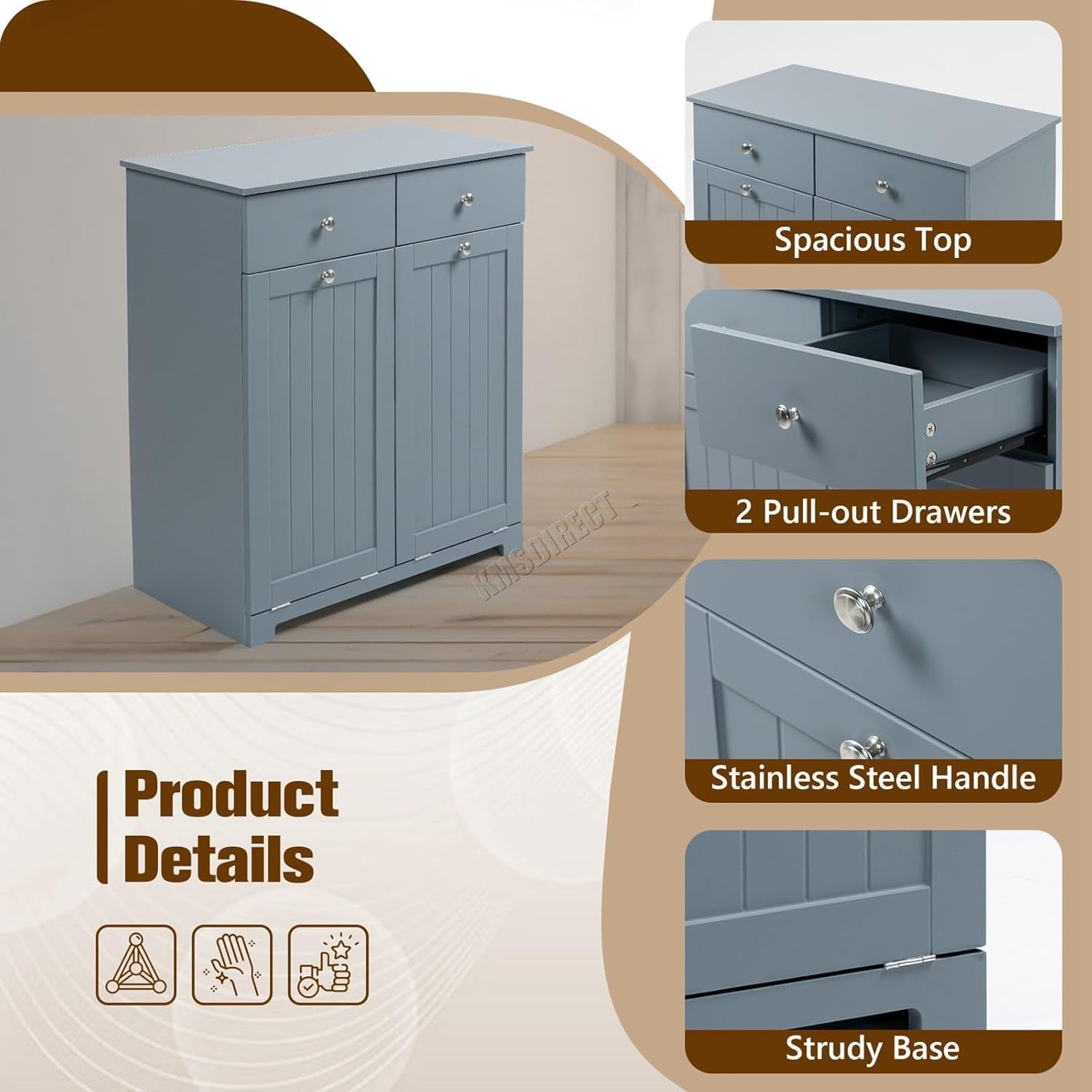 Tilt-Out Laundry Cabinet with 2 Baskets Modern Storage Unit Grey Drawers