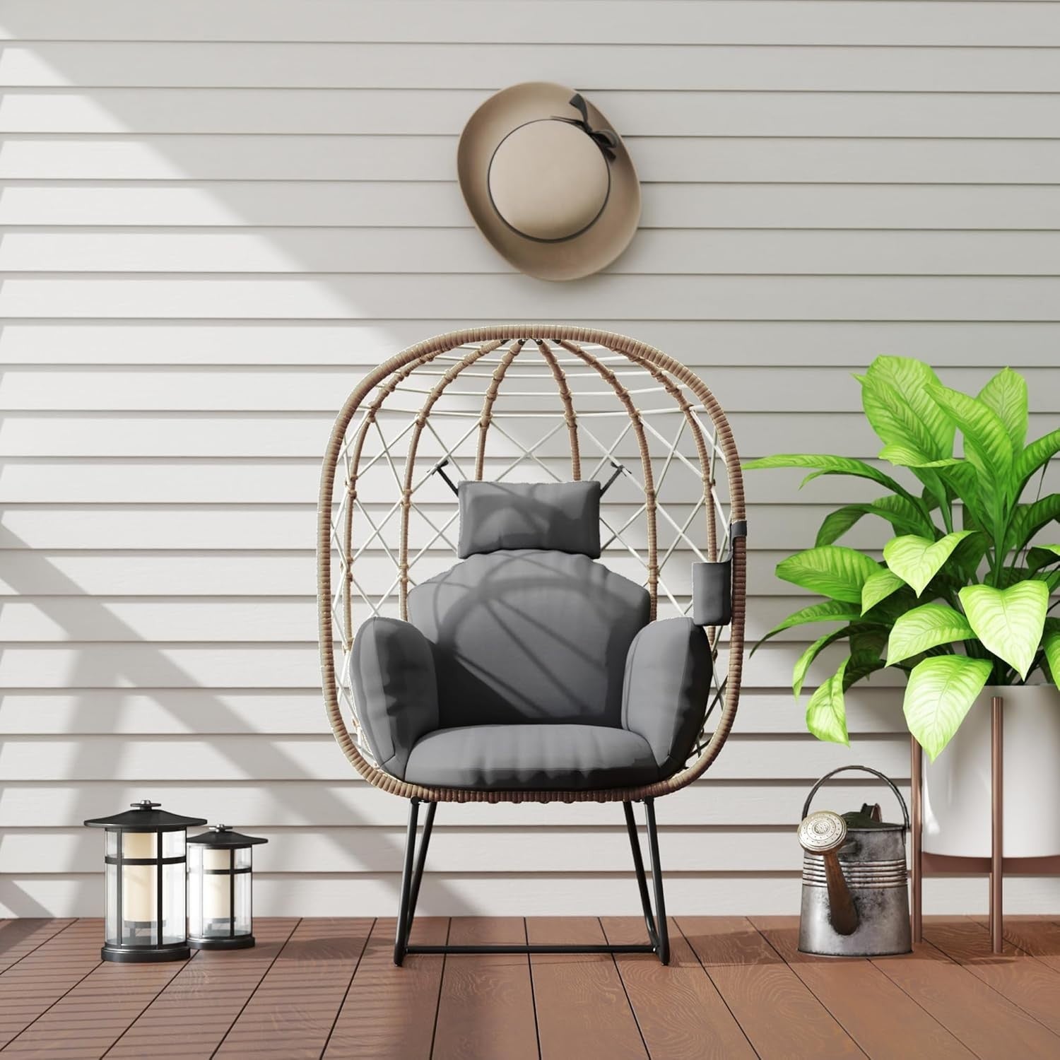 Rattan Egg Chair Outdoor Indoor Standing Wicker Lounge Chair with Cushion