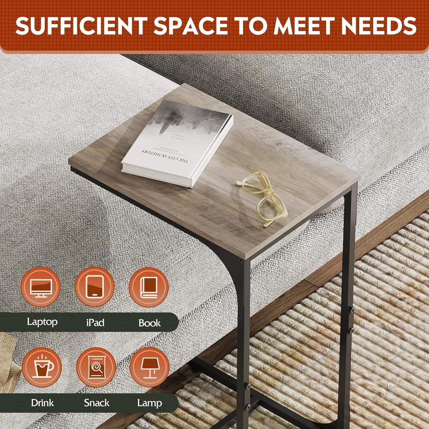 C Shape Side Table Oak Sofa Bed Small Desk End Table for Living Room & Bedroom