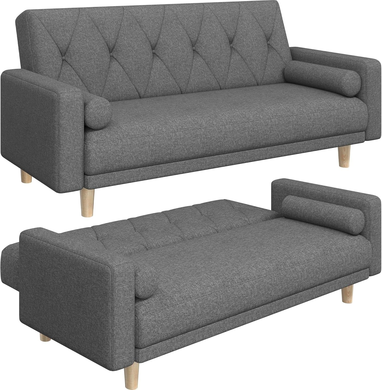 Dark Grey 3 Seater Sofa Bed Click Clack Modern Couch with Pillows Small Space