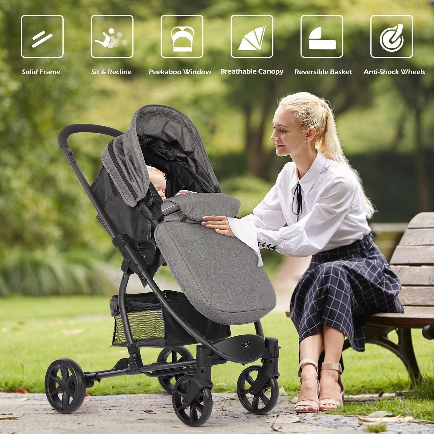 2in1 Baby Travel System Pushchair Reversible Seat Carrycot Lie-Flat Foldable