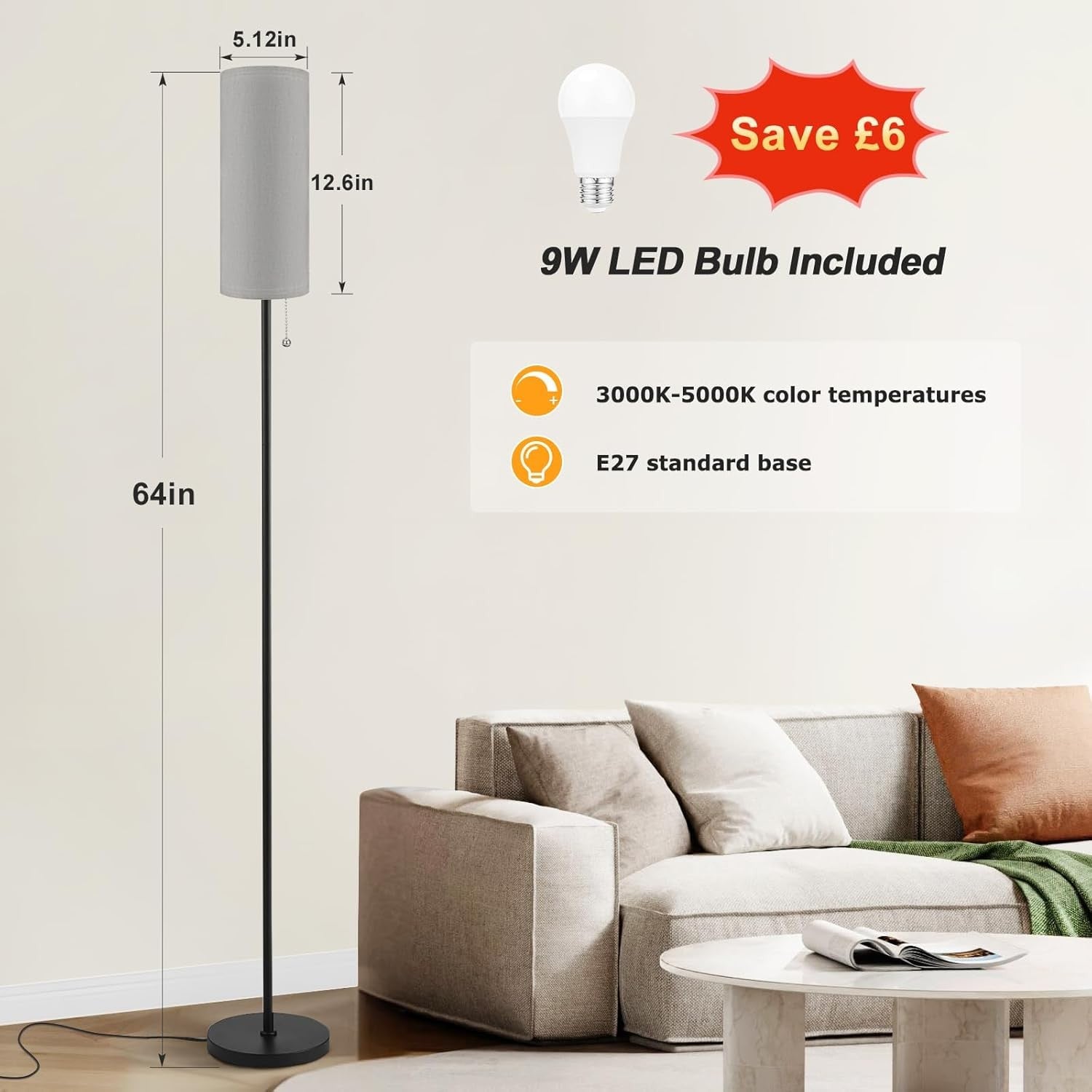 Grey Floor Lamp 64in Standing Lamp 3 Colour Bulb Bedroom Living Room