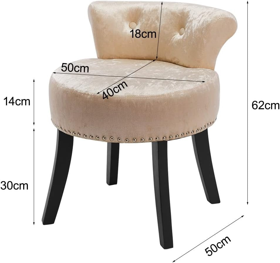 Velvet Tufted Back Dressing Table Stool – Solid Wood Legs Makeup Chair