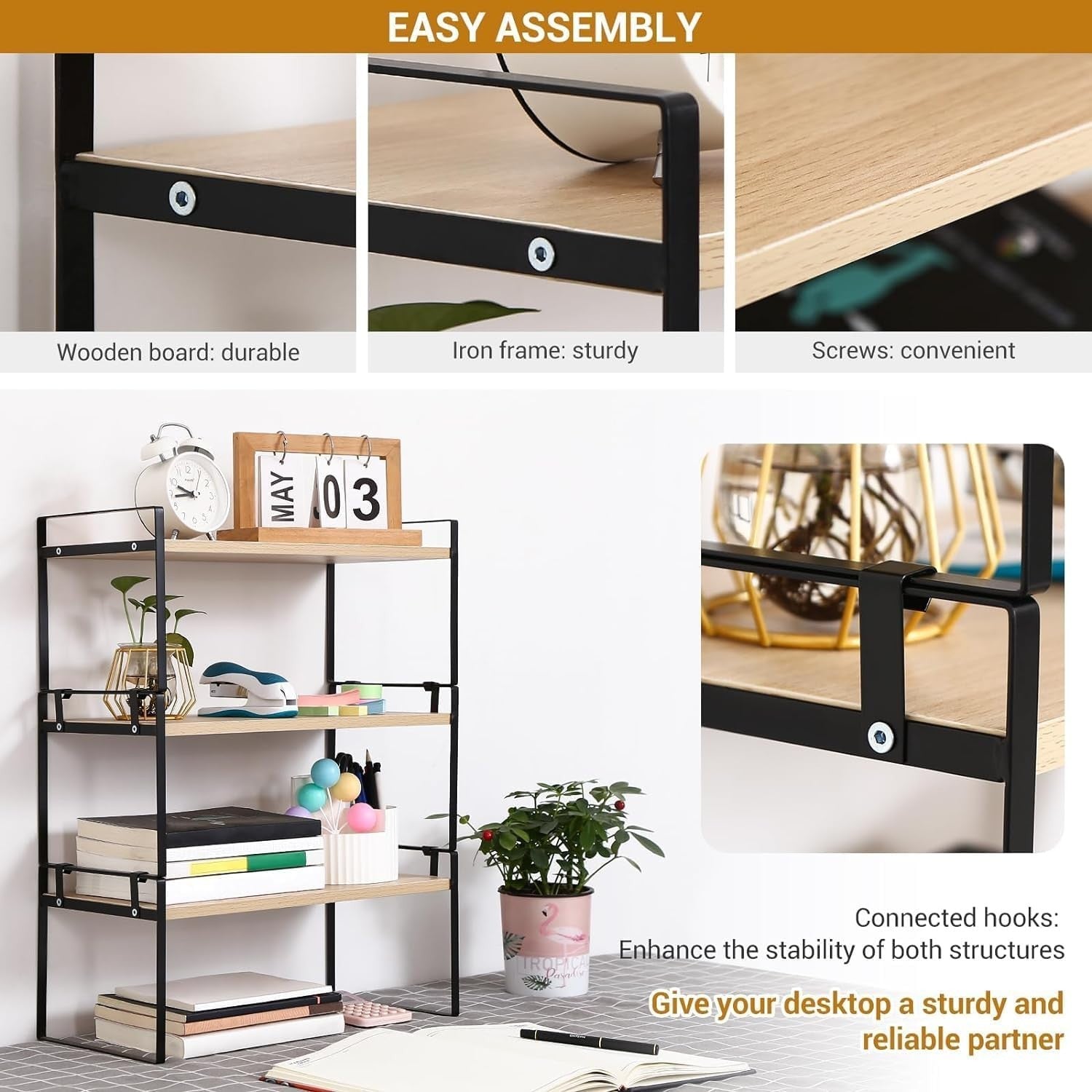 2-Tier Adjustable Wood Desk Shelf Organizer Cute Desktop Storage Rack 40cm