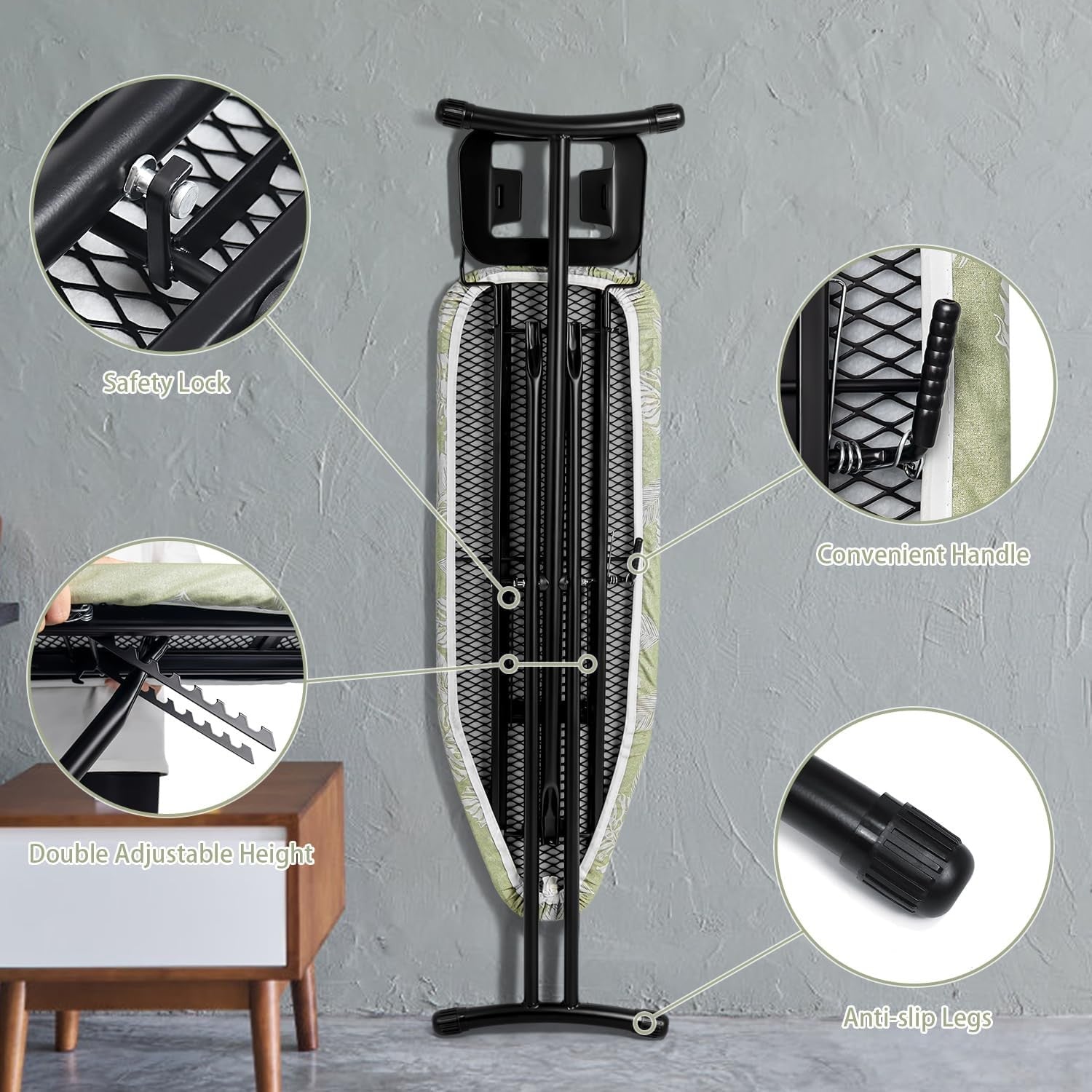 Medium Folding Ironing Board Adjustable Height Heat Resistant Green