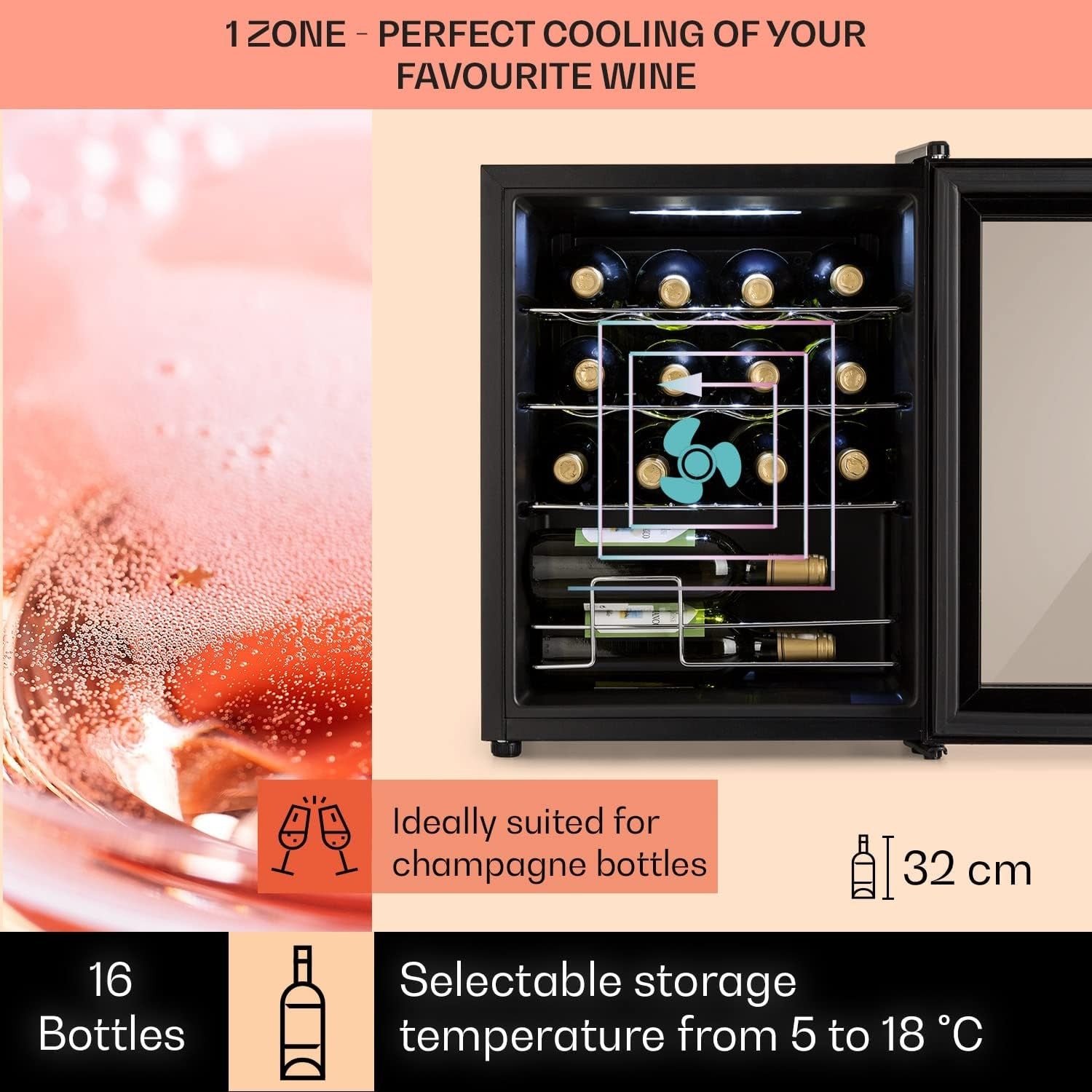 Wine Cooler Fridge 16 Bottle Glass Door Single Zone Slim Freestanding Black