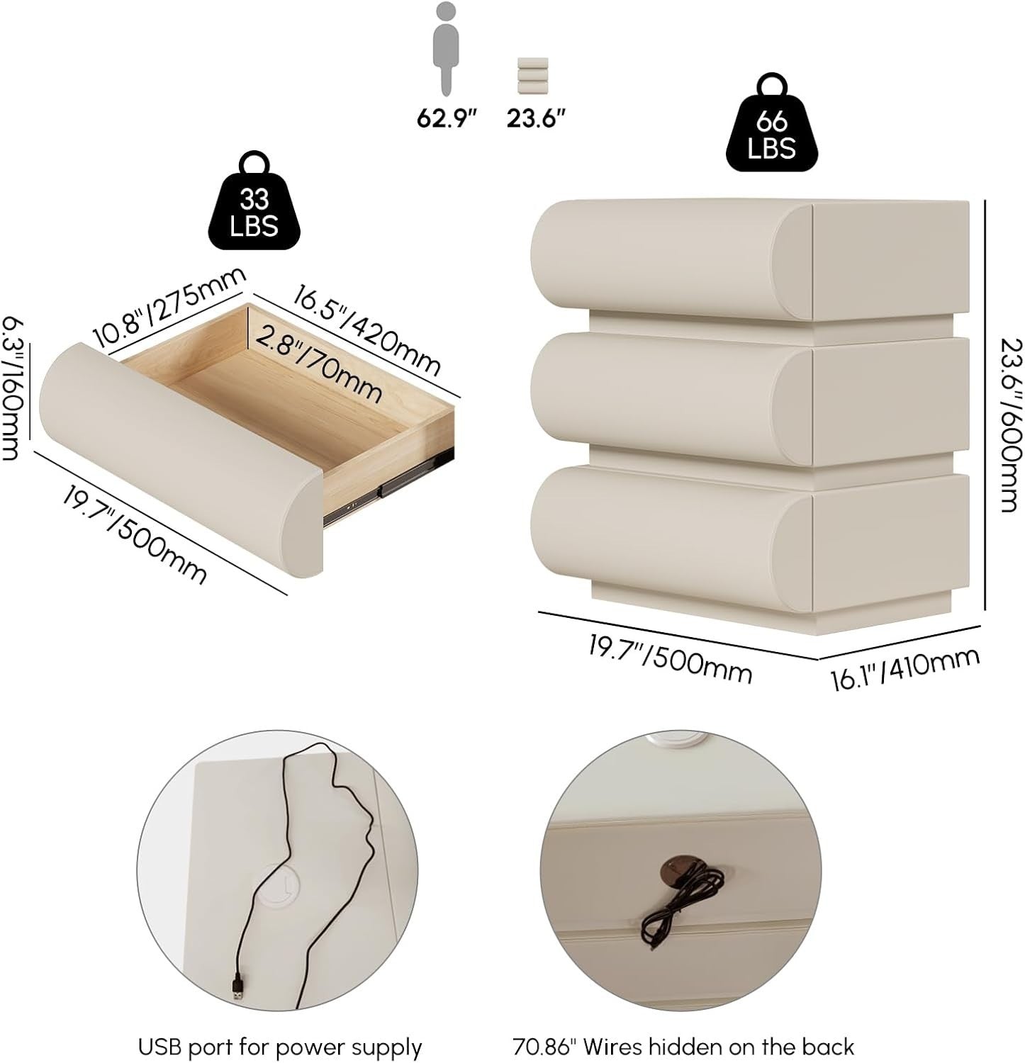 Luxury 3 Drawer Bedside Table with Wireless Charger USB Type-C