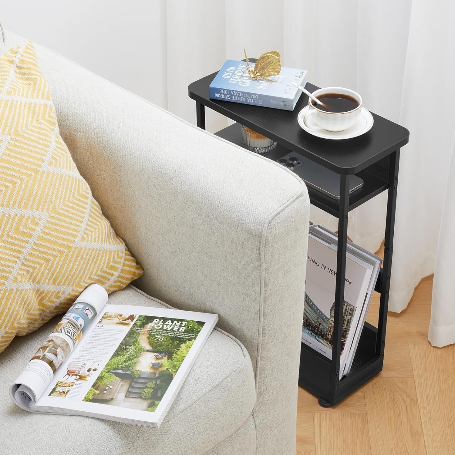 Slim Black Side Table for Small Spaces – 3-Tier Storage Bedside Unit 55cm