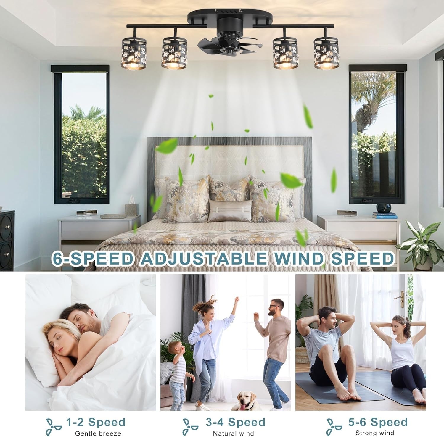 100cm K9 Crystal Ceiling Fan Light, 6-Speed, APP & Remote, Black