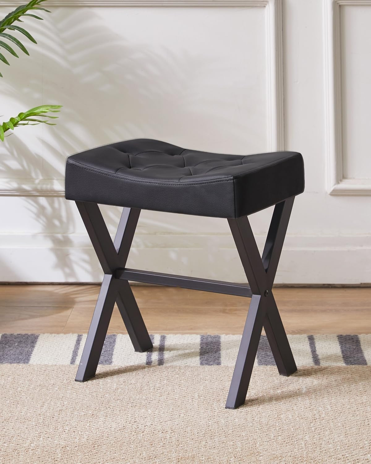 U-Shape PU Vanity Stool with X-Legs – Modern Makeup Seat & Footrest