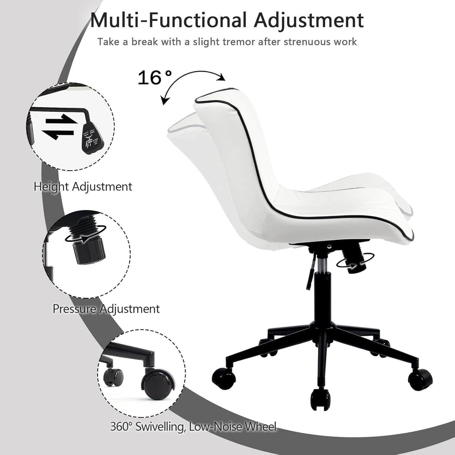 Ergonomic Office Chair White Faux Leather Desk Chair Adjustable Swivel Wheels