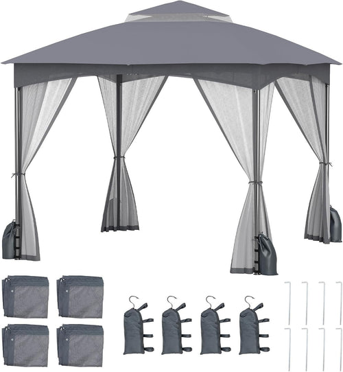 3x3M Garden Gazebo Double Roof Patio Tent With Netting & Sandbags Grey