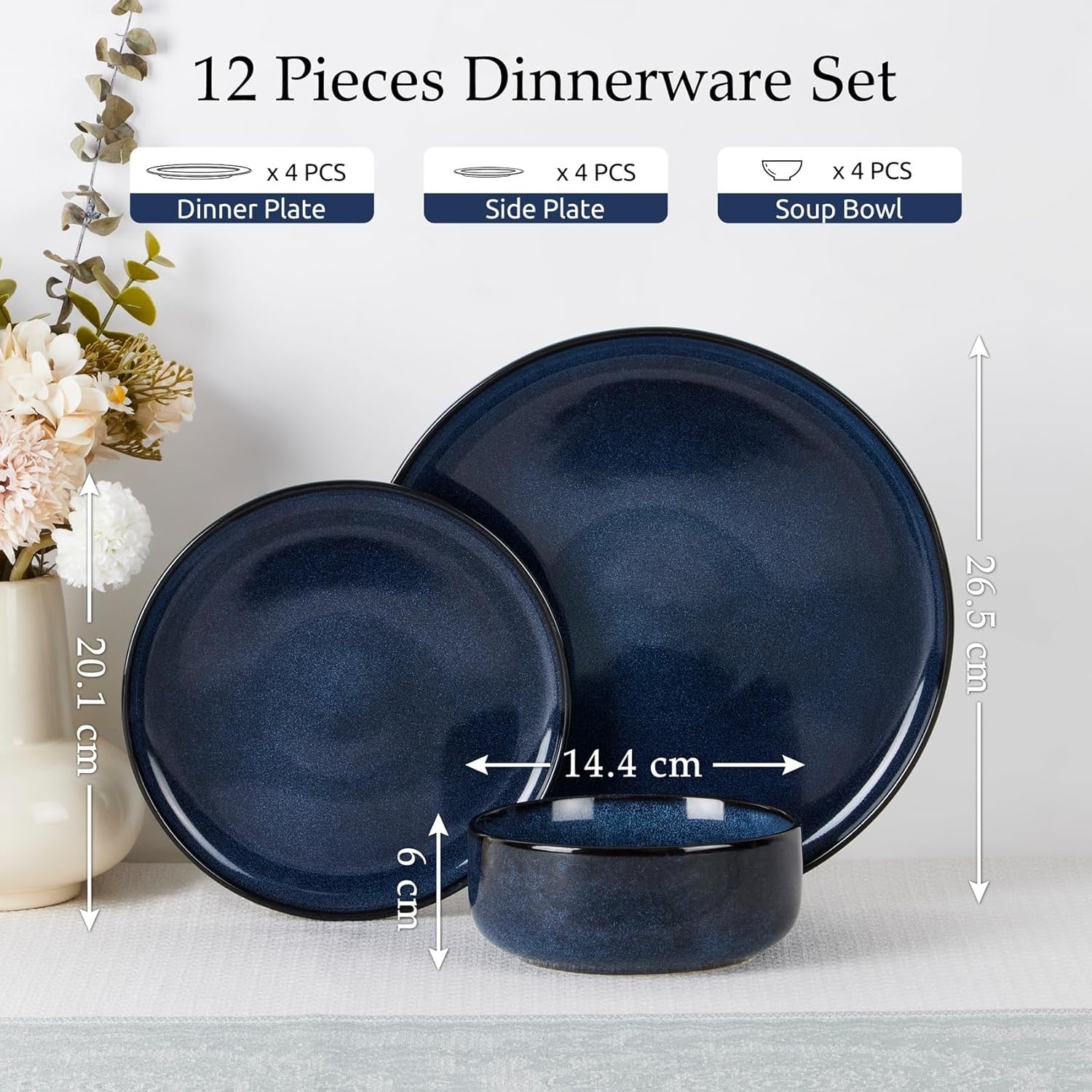 12pc Stoneware Dinner Set Midnight Blue Plates Bowls Reactive Glaze