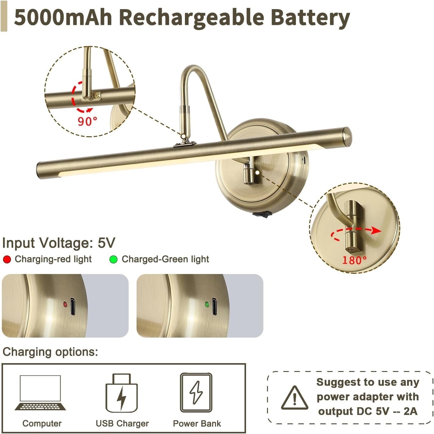 Wireless Antique Brass Wall Light with Adjustable Swing Arm, Dimmable 16.5"
