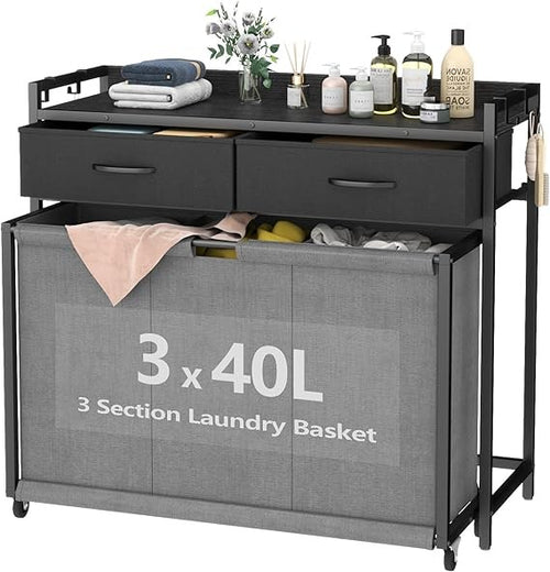 3×40L Laundry Hamper Cart with Wheels & Drawers | Large 83×62.5×80.8cm Organiser