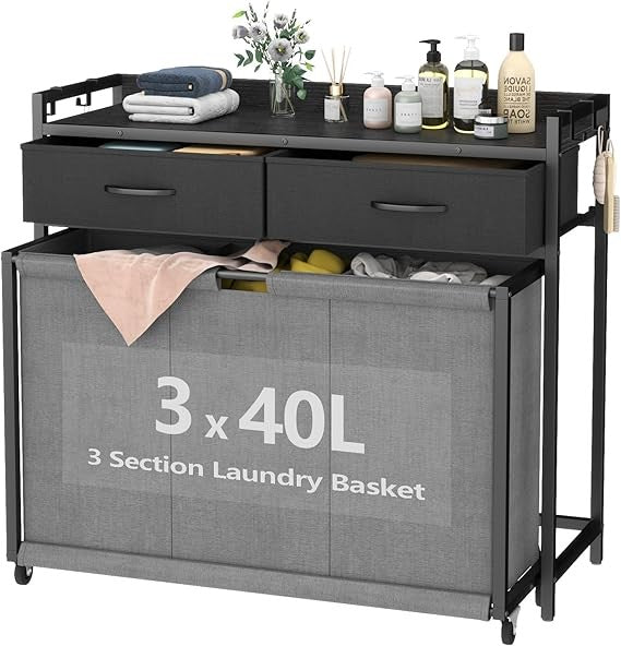 3×40L Laundry Hamper Cart with Wheels & Drawers | Large 83×62.5×80.8cm Organiser