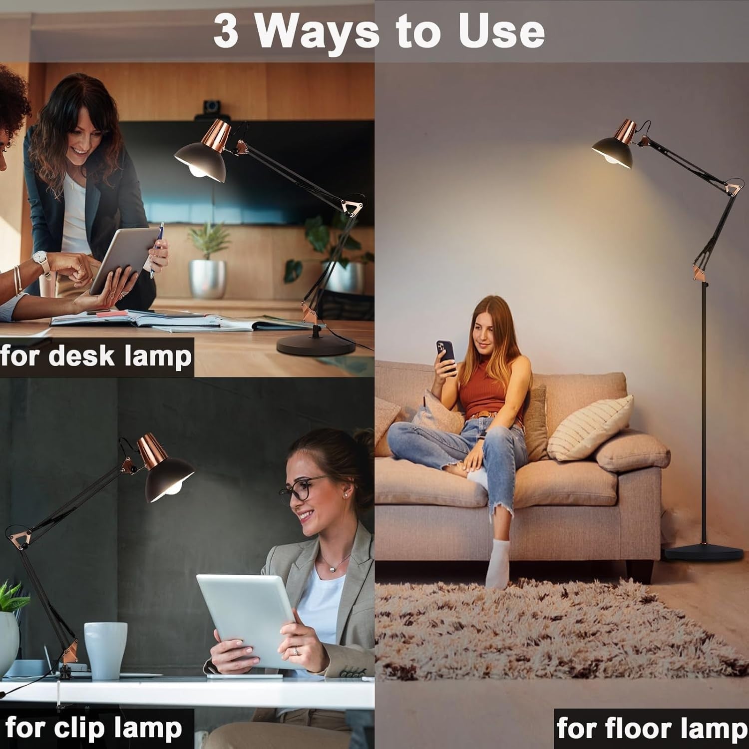 Adjustable Vintage Floor Lamp with Clip & Table Base, 3 Brightness Modes