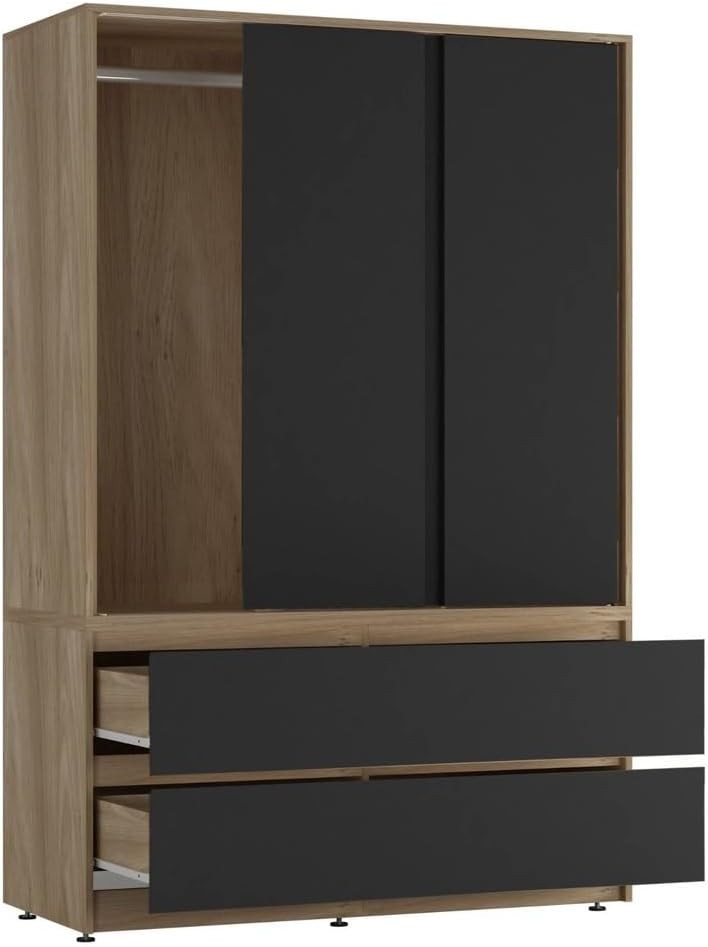 Black Sliding Door Wardrobe with 4 Drawers & Metal Hanging Rail Storage