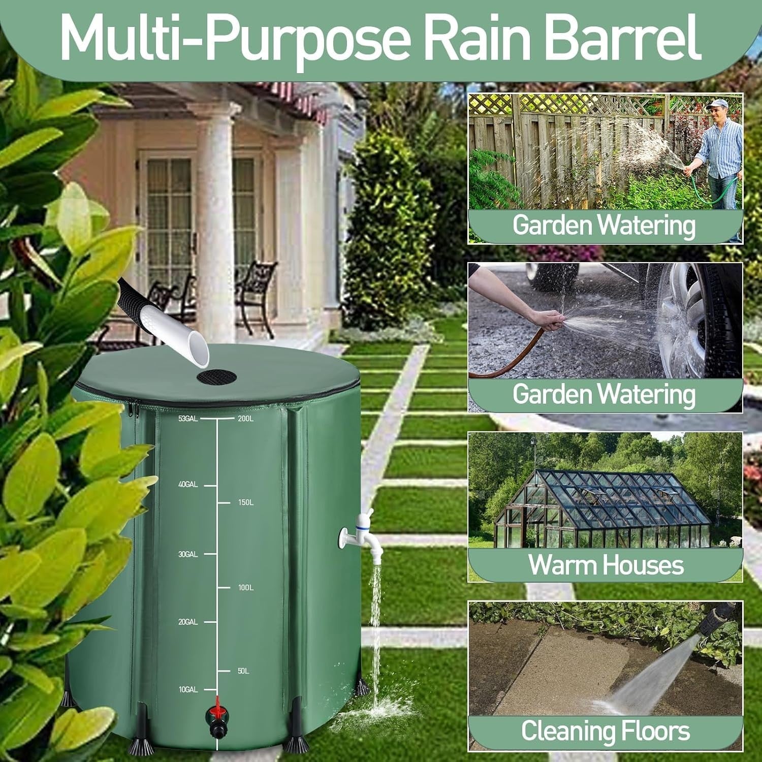 200L Collapsible Green Rain Barrel with Filter, Spigots & Overflow Kit