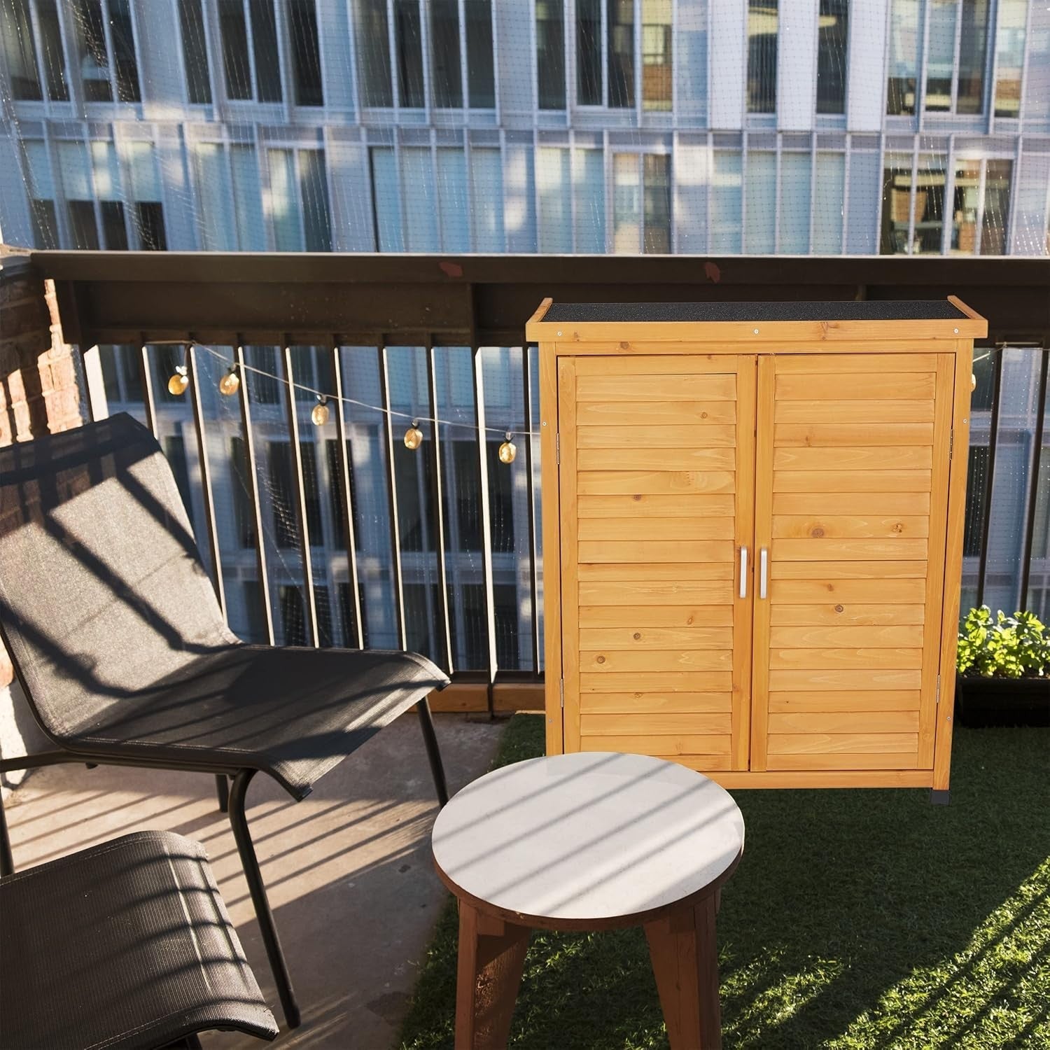 Wooden Outdoor Storage Cabinet with Shelves & Slanted Roof Garden Tool Shed 97cm