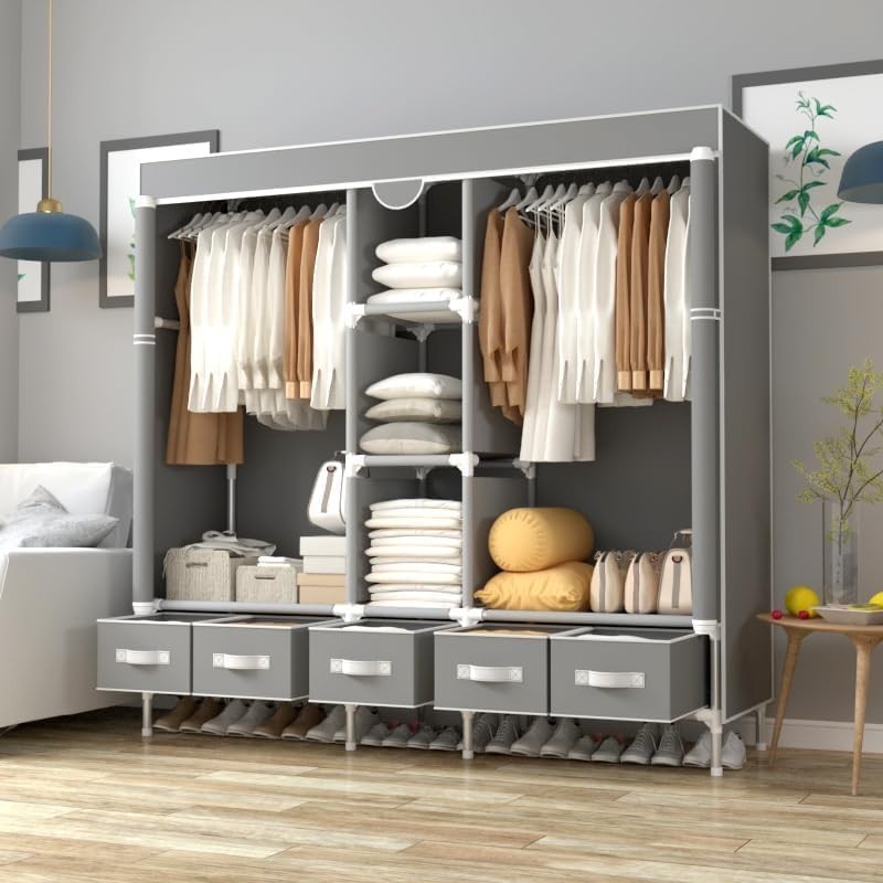 Large Grey Canvas Wardrobe 5 Drawers Hanging Rail Storage Unit 175cm