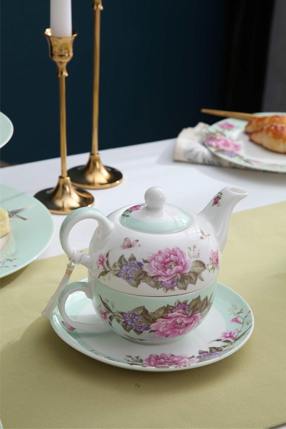 Tea For One Teapot Cup Saucer Set Teal Floral Bird Rose Gift Box