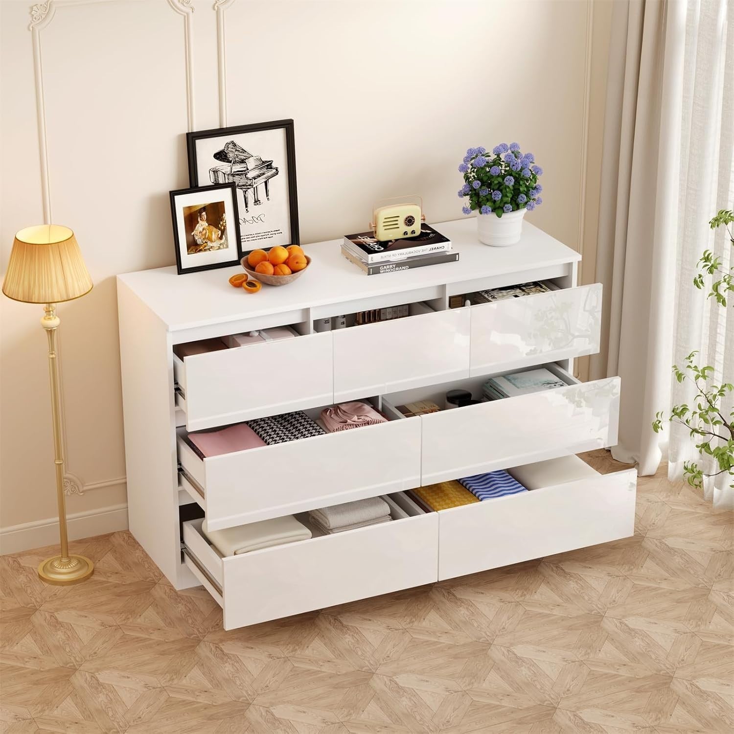 White Gloss 8 Drawer Chest Wide Tall Storage Cabinet for Bedroom Office