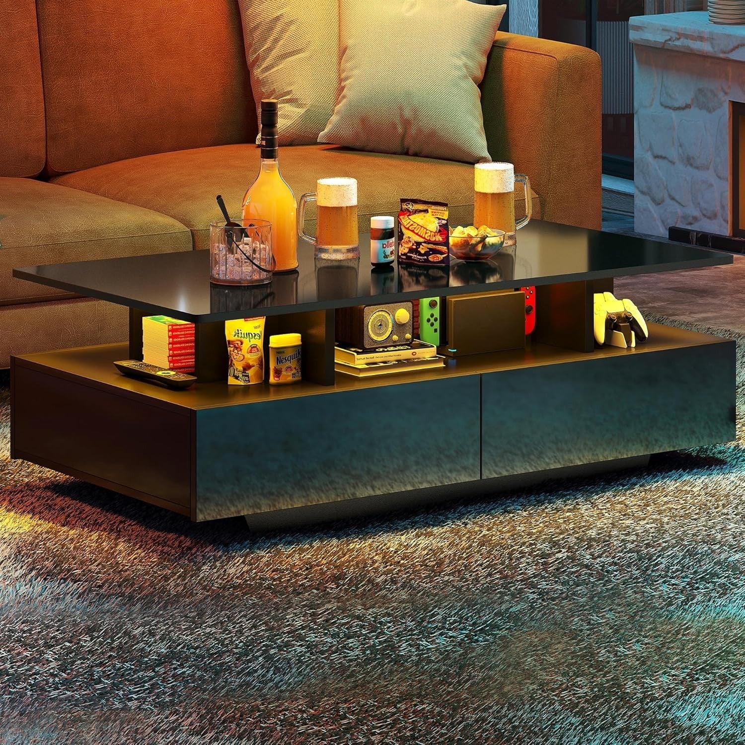 Black LED Coffee Table with Storage Drawers Gloss Finish | 16-Color Lights