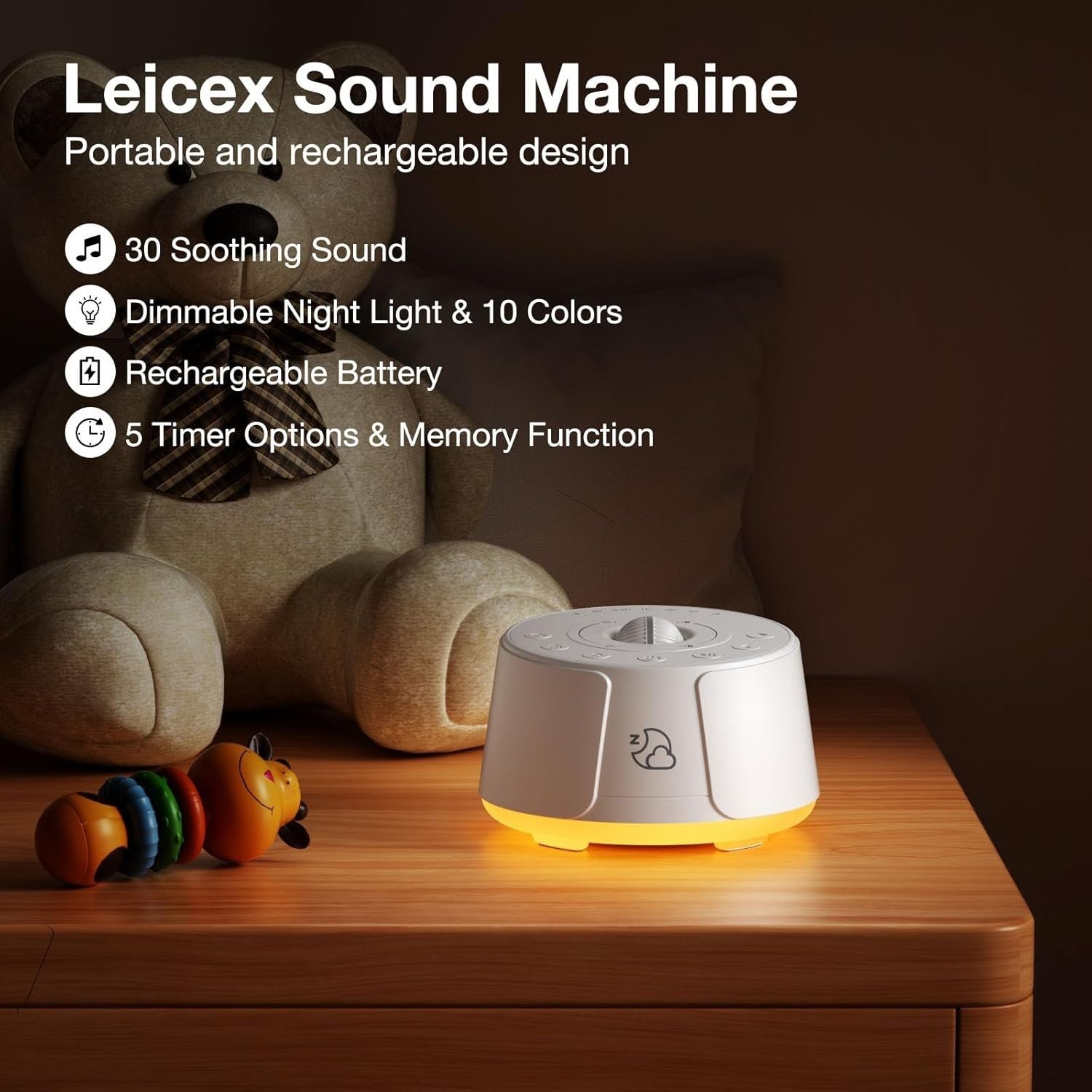 Portable White Noise Machine for Baby & Adult, 30 Soothing Sounds + Night Light