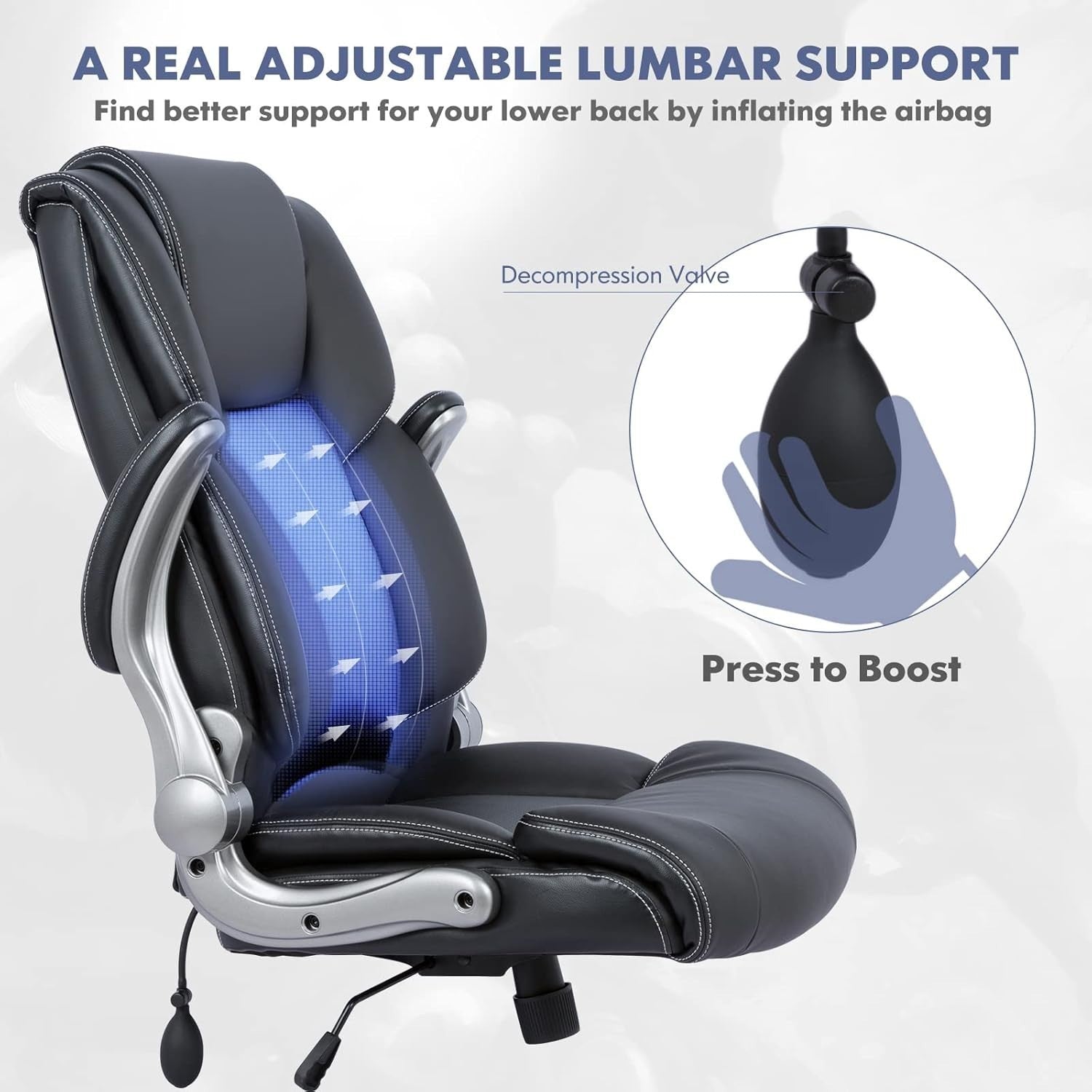 Office Chair Black Executive Desk Seat Memory Foam Lumbar Support Flip Up Arms