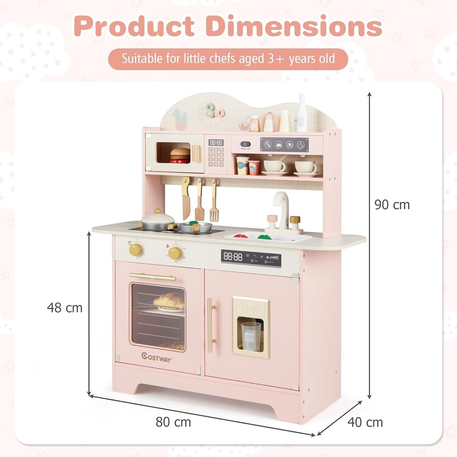 Wooden Kids Play Kitchen Pink Coffee Maker Oven 17PCS Accessories