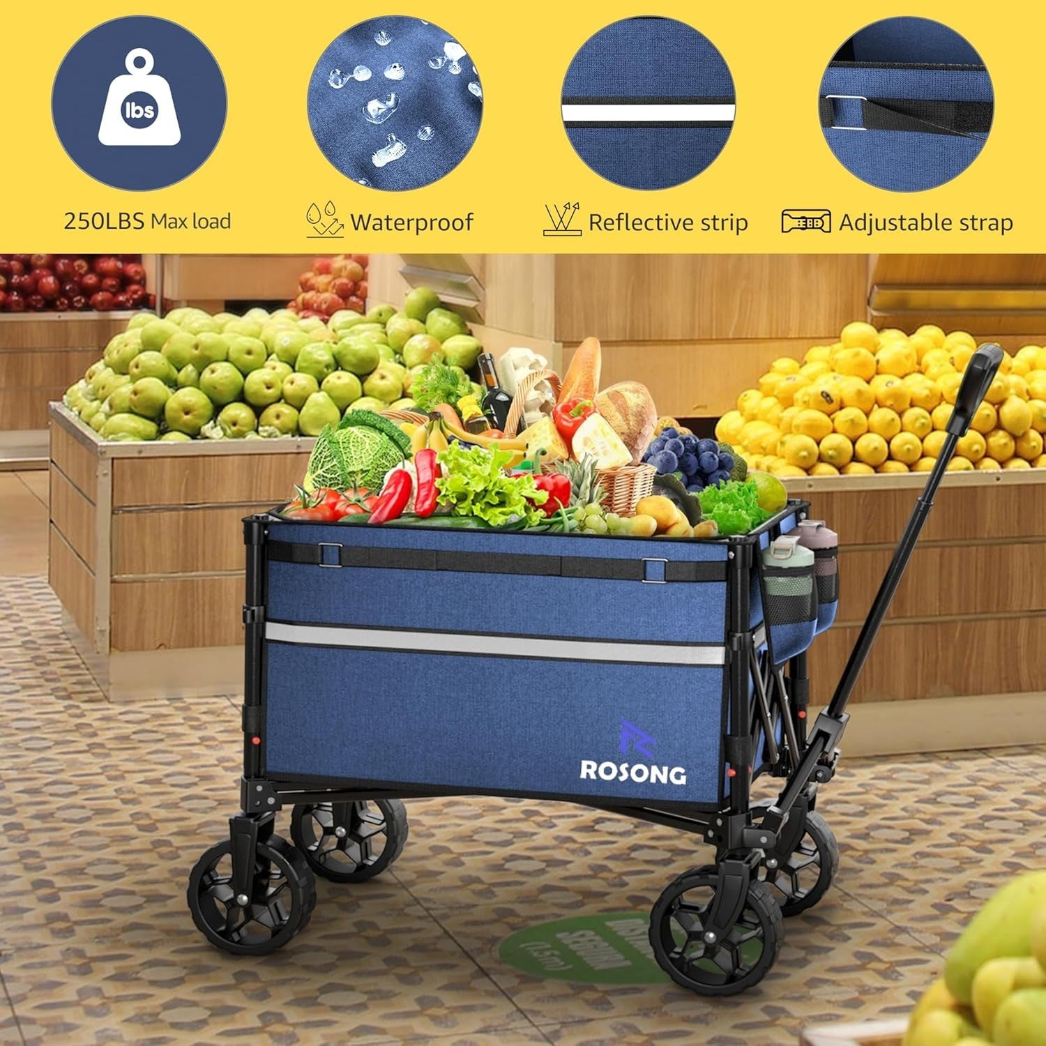Collapsible Heavy Duty Folding Wagon Cart with Wheels Utility Trolley Navy Blue