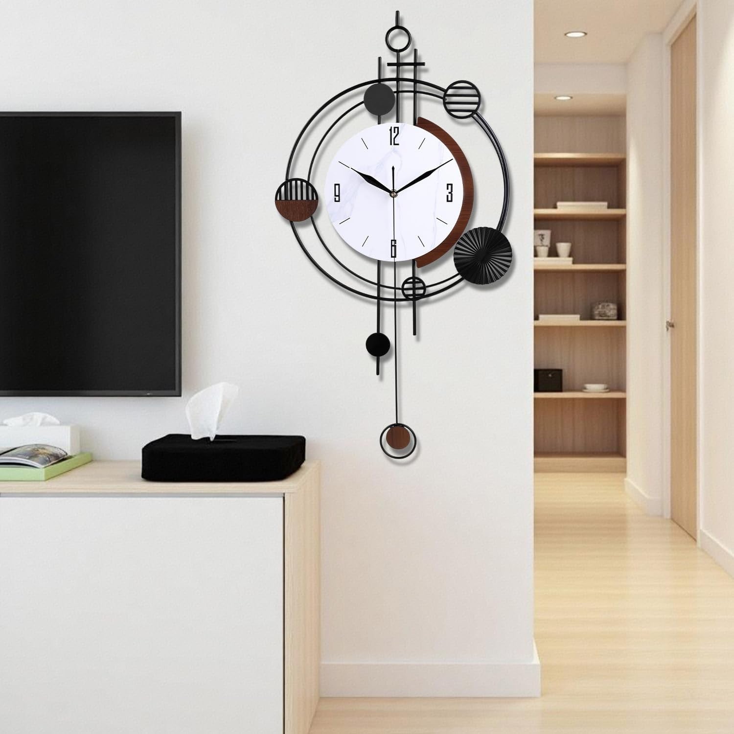 37×71cm Black Pendulum Wall Clock – Silent Quartz Modern Large Decorative Design
