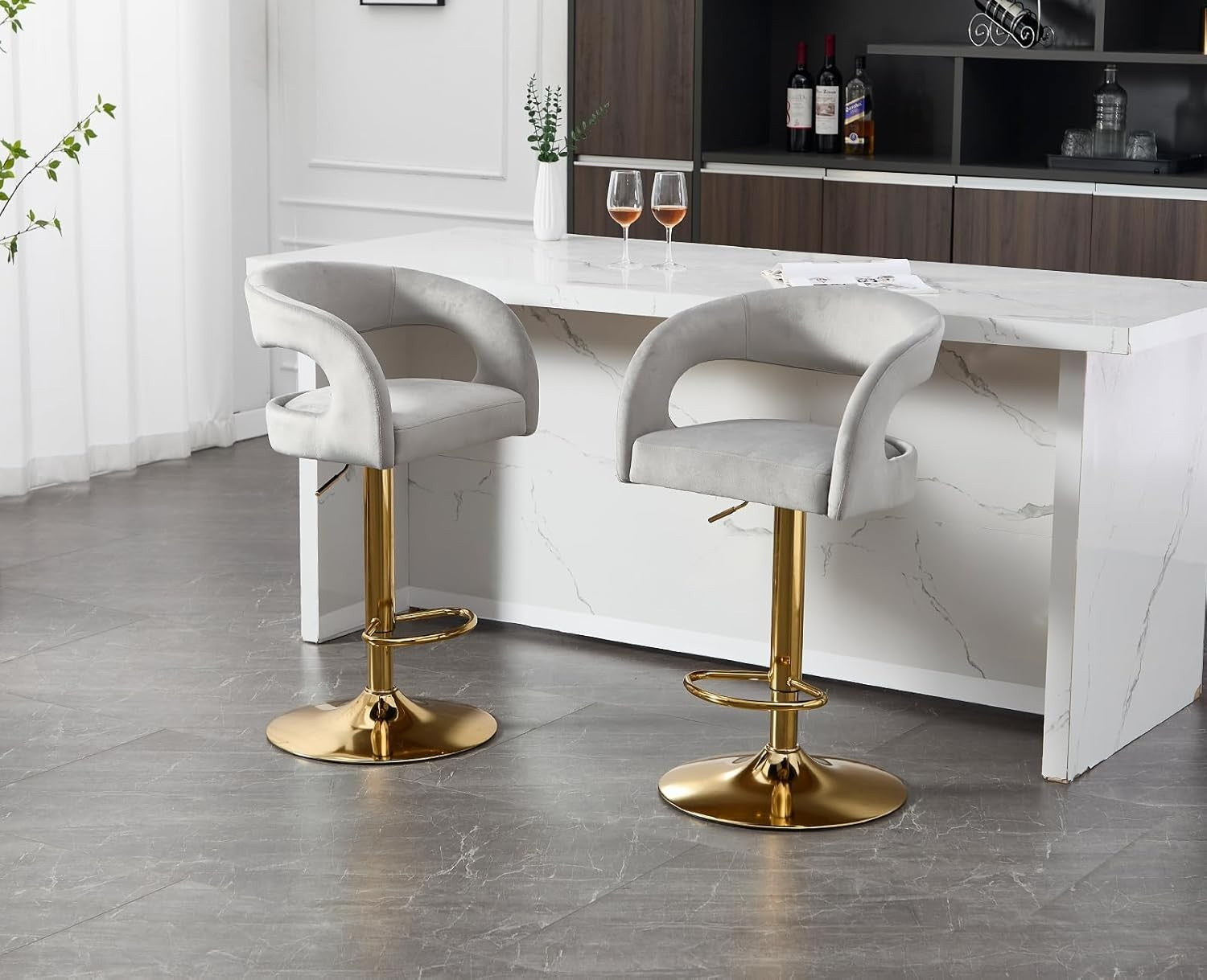 Adjustable Gray Velvet Bar Stools Set of 2 Swivel Kitchen Counter