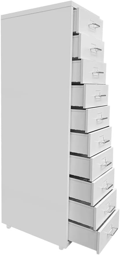 White Metal 10 Drawer Mobile Filing Cabinet Tall Office Storage on Wheels