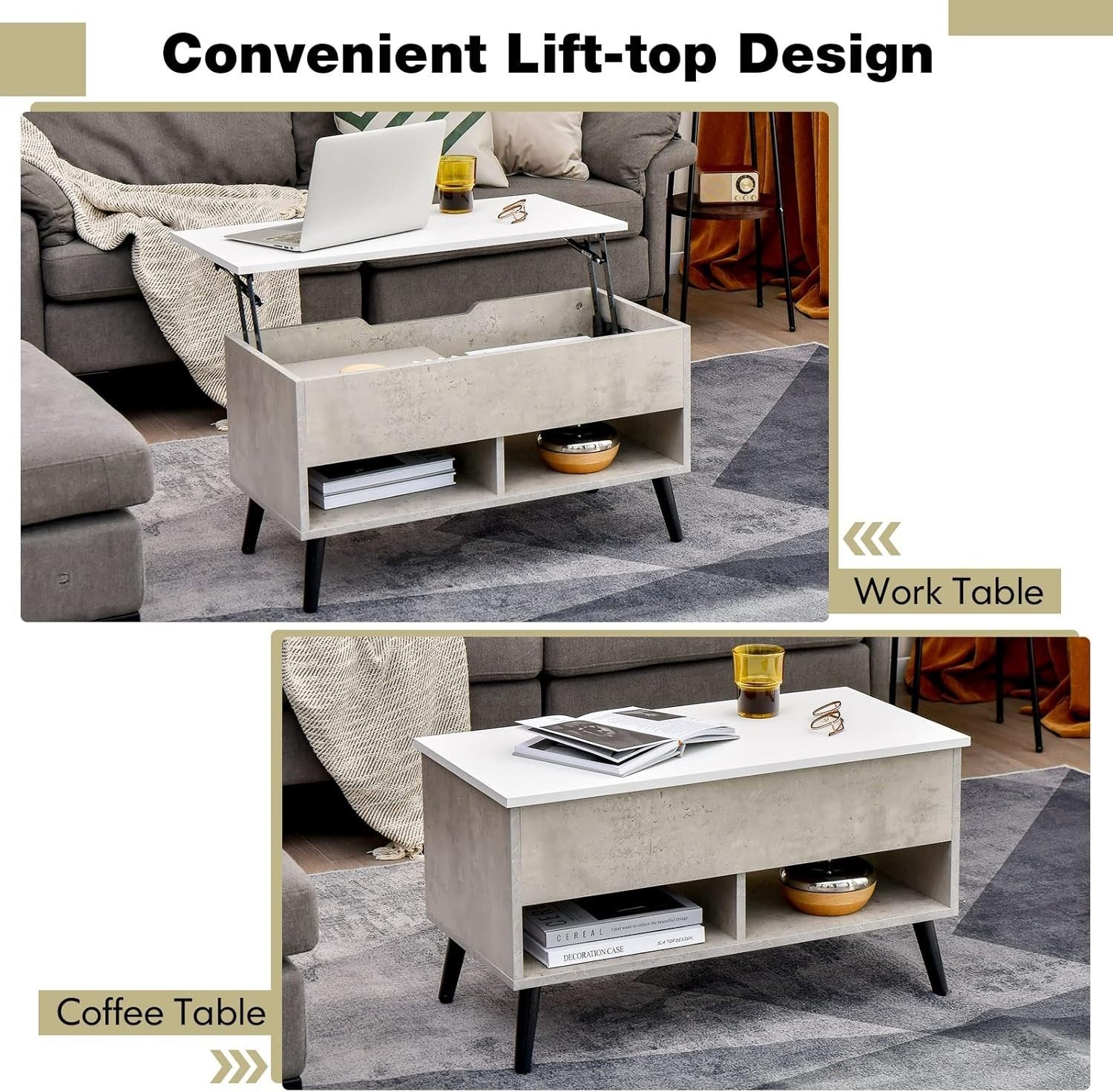 Grey Lift Top Coffee Table with Storage & Shelves – Adjustable, 80cm Modern