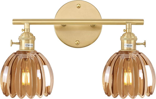 2-Light Amber Glass Wall Sconce Vanity Light Vintage Brass Fixture