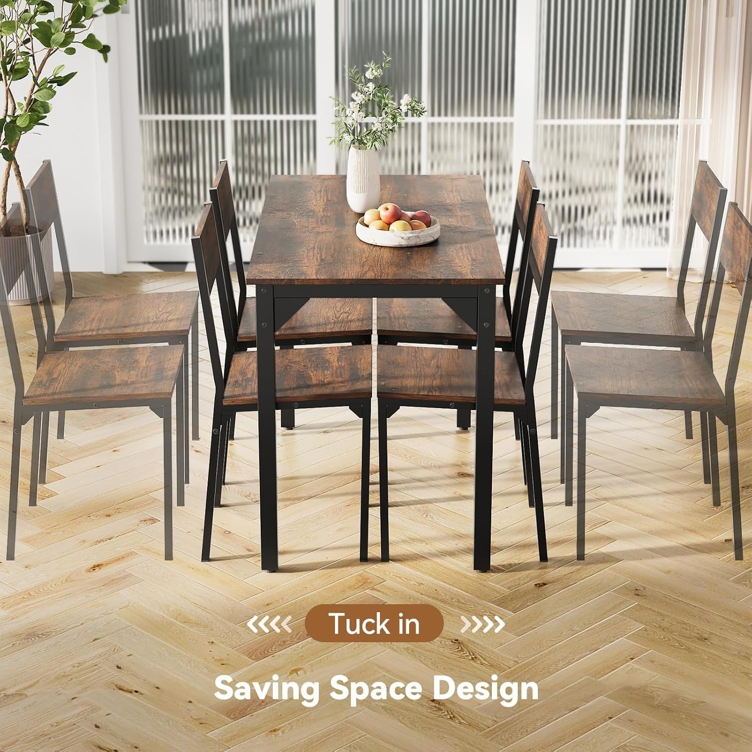 4-Seater Brown Dining Table & Chairs Set - Metal Frame, Space Saving