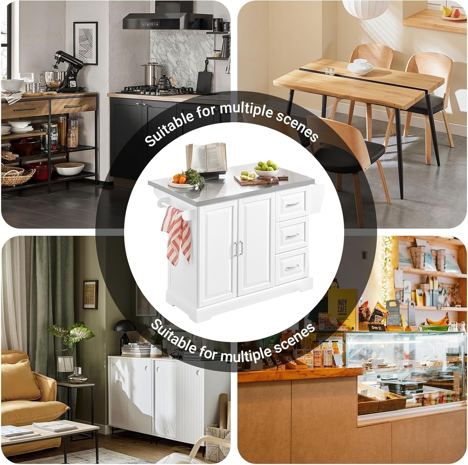 Extendable Kitchen Island on Wheels Stainless Steel Worktop Storage Cart