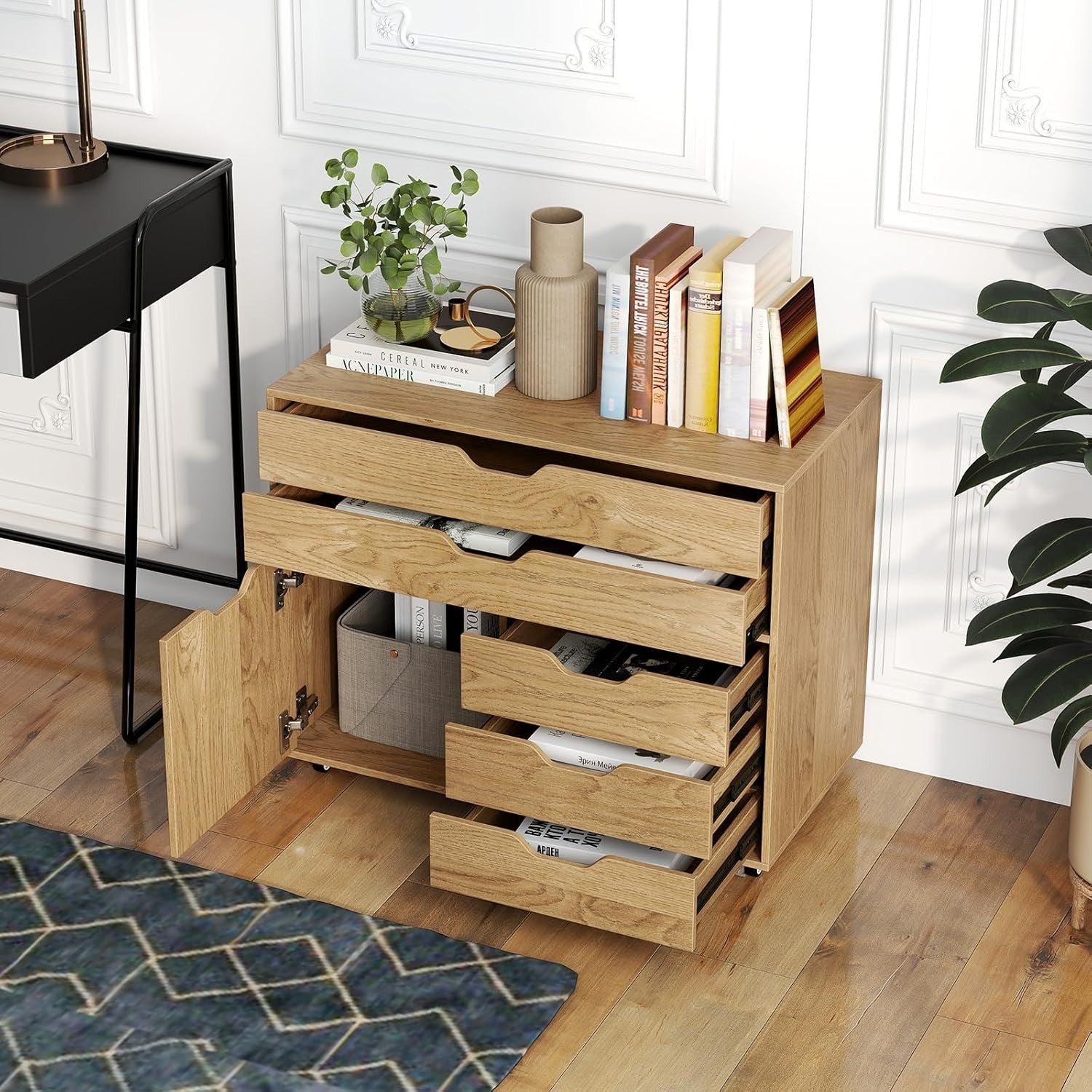 Natural Mobile File Cabinet 5 Drawer Side Cupboard Rolling Printer Stand